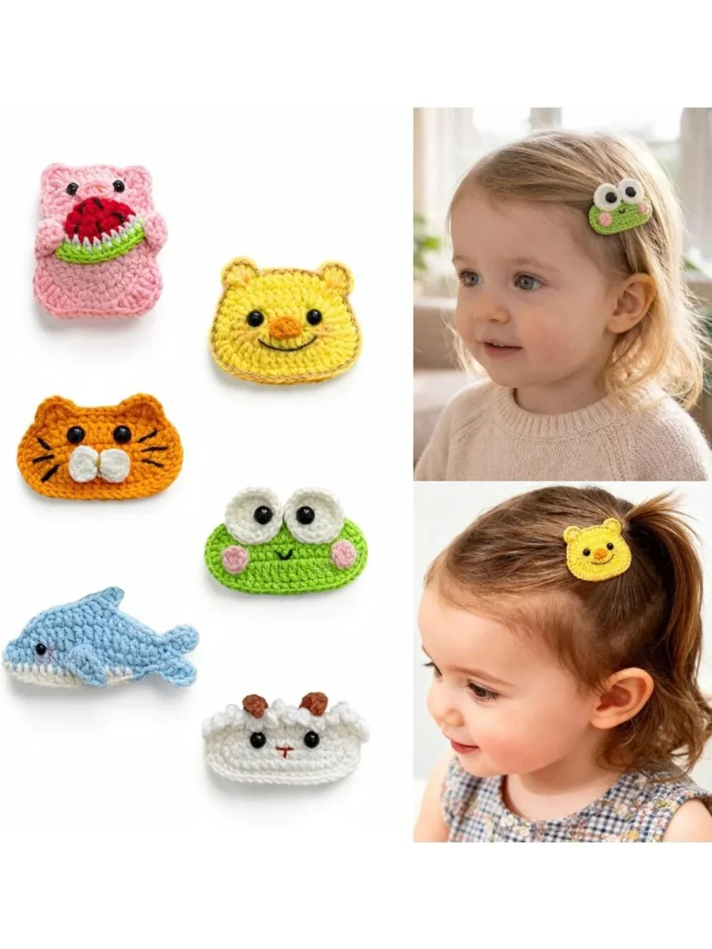 Adorable 6-Pack Crochet Animal Hair Clips for Kids - Cute Cartoon Barrettes